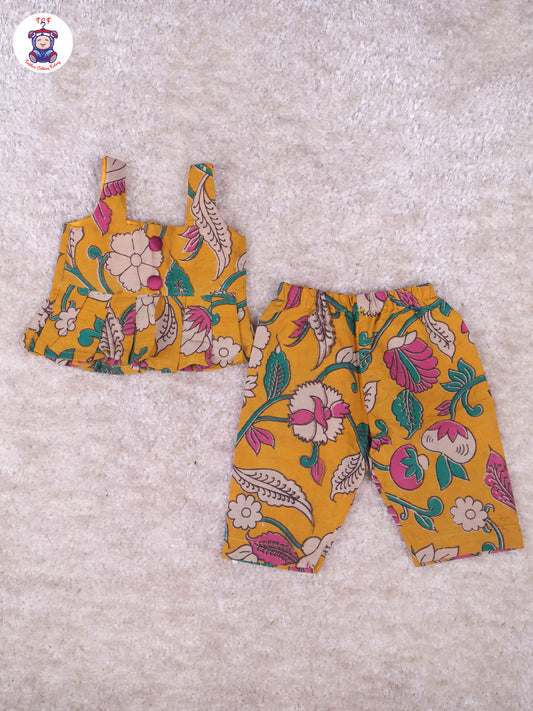 Yellow & Majentha - Floral Printed Kalamkari Co-ords Sets