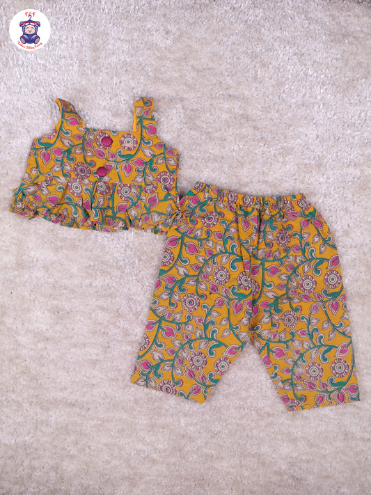 Yellow & Majentha - Floral Printed Kalamkari Co-ords Sets
