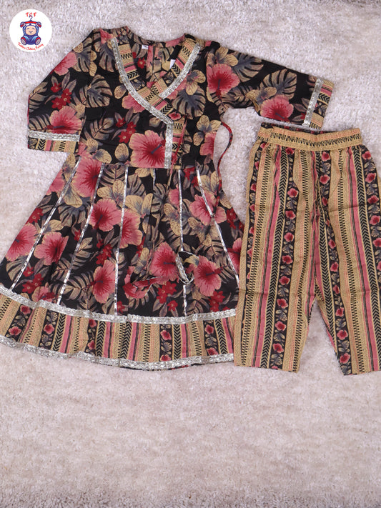 Black - Floral Printed Anarkali Kurti With Pants