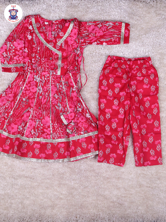 Pink - Floral Printed Anarkali Kurti With Pants