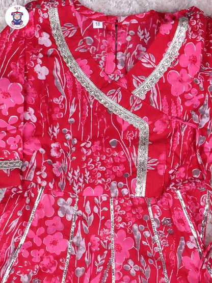 Pink - Floral Printed Anarkali Kurti With Pants