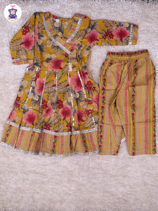Mustard - Floral Printed Anarkali Kurti With Pants
