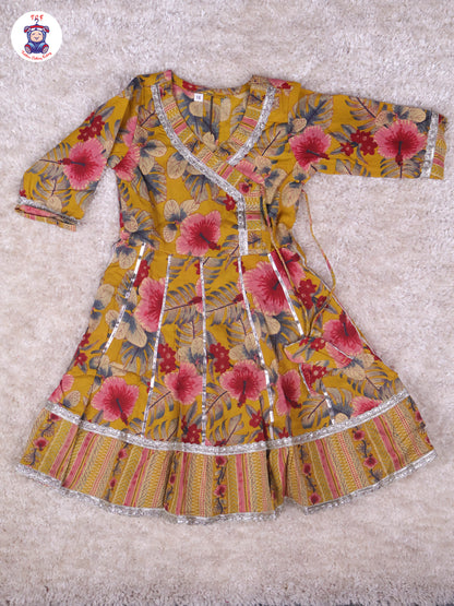 Mustard - Floral Printed Anarkali Kurti With Pants