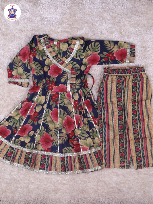 Navy Blue - Floral Printed Anarkali Kurti With Pants