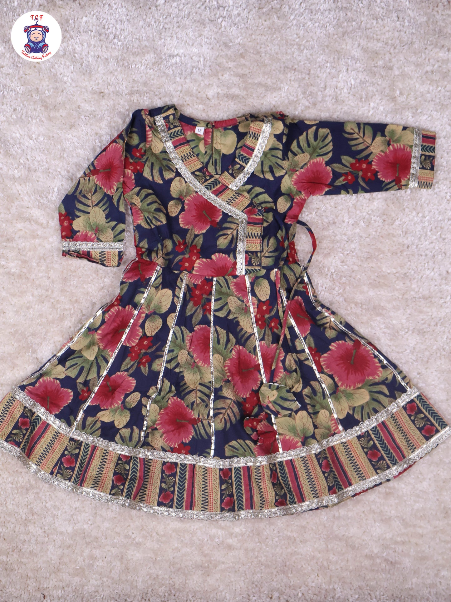 Navy Blue - Floral Printed Anarkali Kurti With Pants