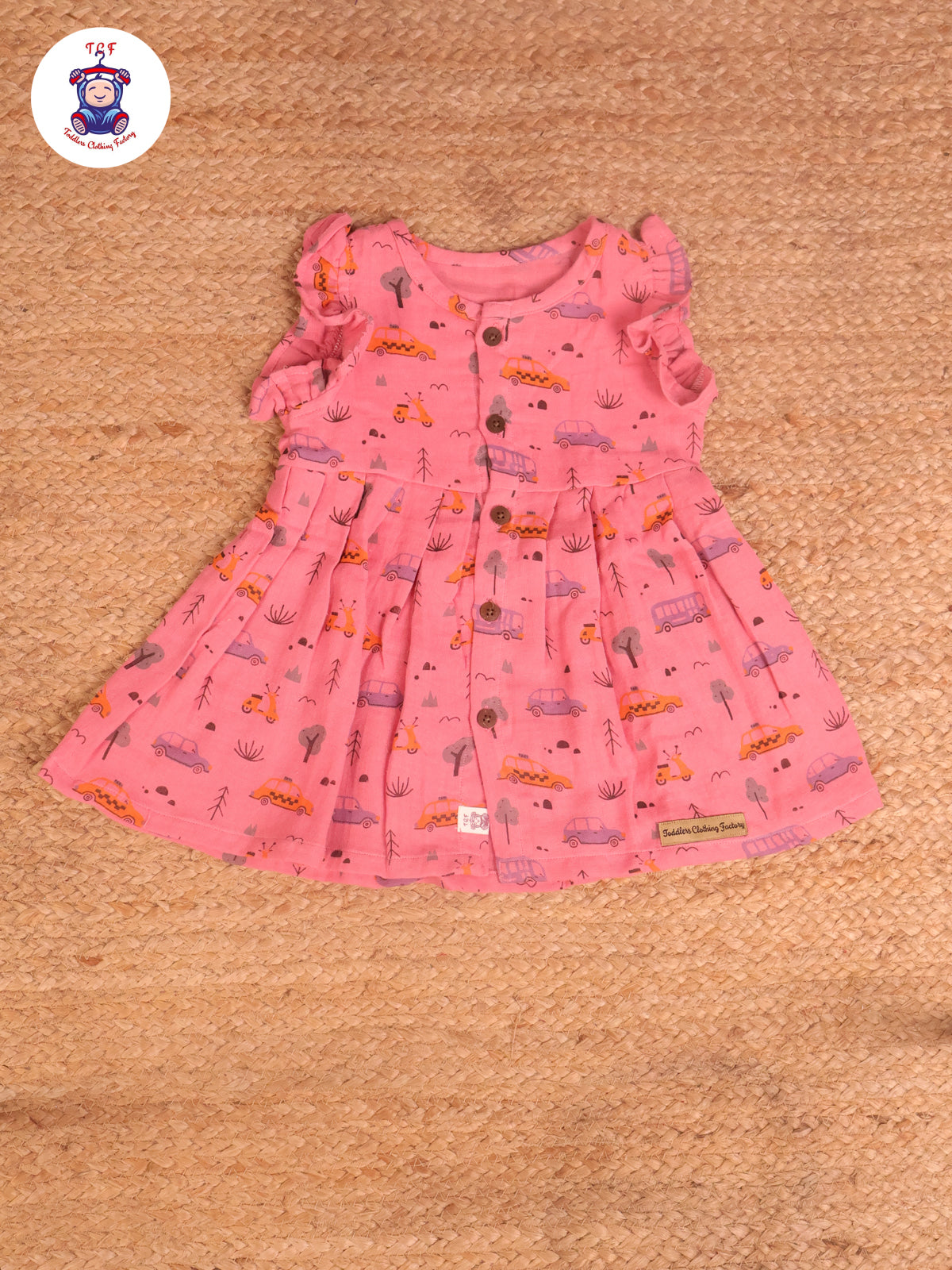 Pink Car & Tree - Girls Readymade Muslin Frocks
