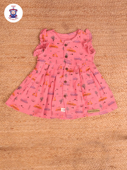 Pink Car & Tree - Girls Readymade Muslin Frocks