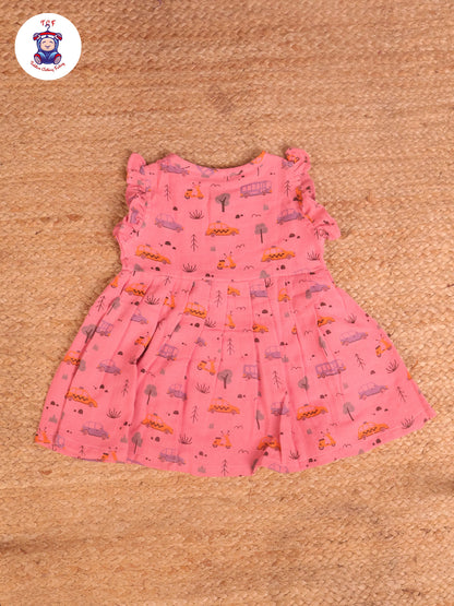Pink Car & Tree - Girls Readymade Muslin Frocks