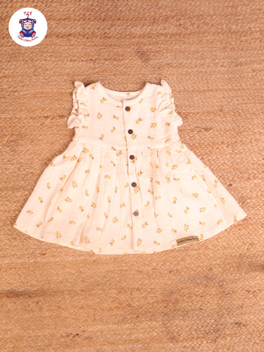 Cream & Yellow Fruit - Girls Readymade Muslin Frocks