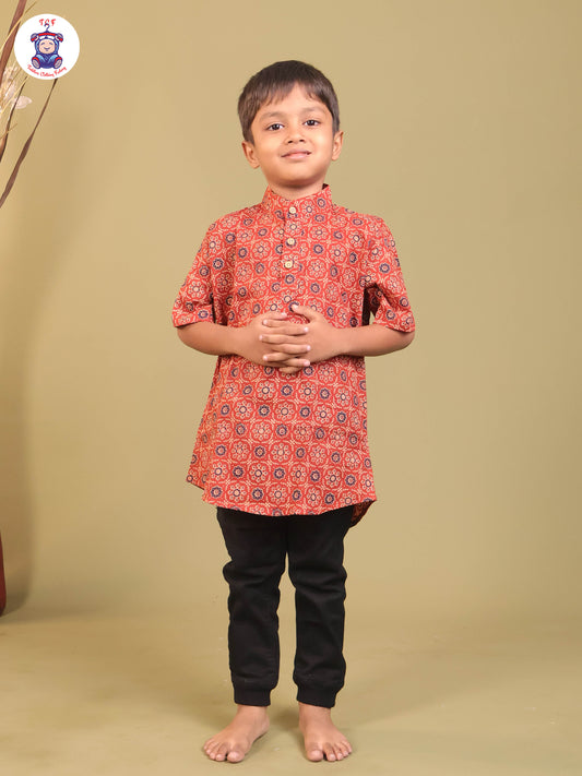 Brown - Boys Printed Short Kurta