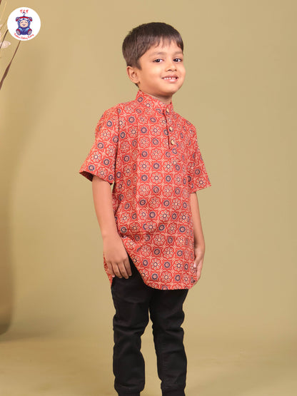 Brown - Boys Printed Short Kurta