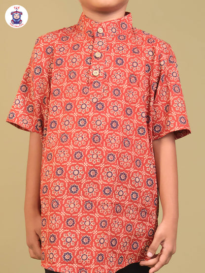 Brown - Boys Printed Short Kurta