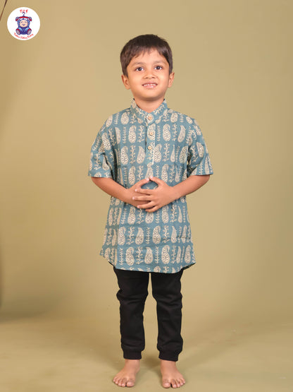 Teal Blue - Boys Printed Short Kurta