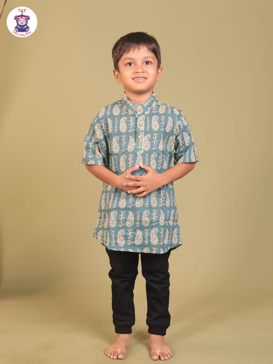 Teal Blue - Boys Printed Short Kurta