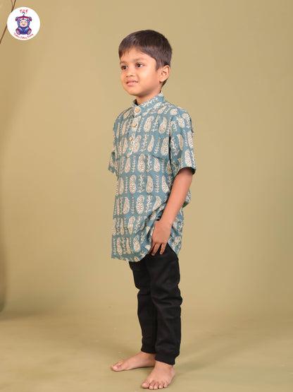 Teal Blue - Boys Printed Short Kurta