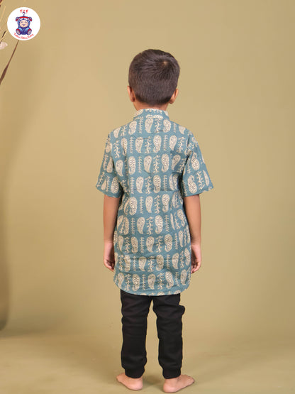 Teal Blue - Boys Printed Short Kurta