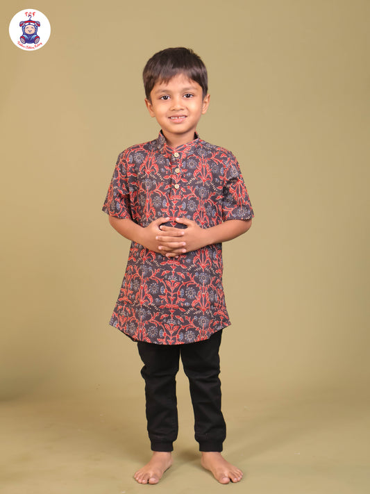 Navy Blue & Marron - Boys Printed Short Kurta