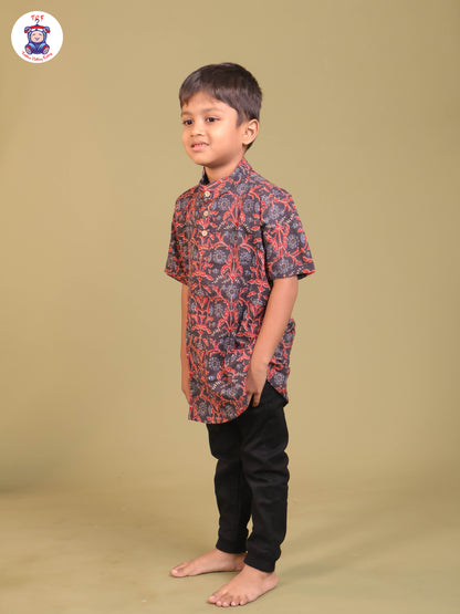 Navy Blue & Marron - Boys Printed Short Kurta