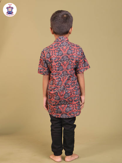 Navy Blue & Marron - Boys Printed Short Kurta