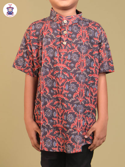 Navy Blue & Marron - Boys Printed Short Kurta