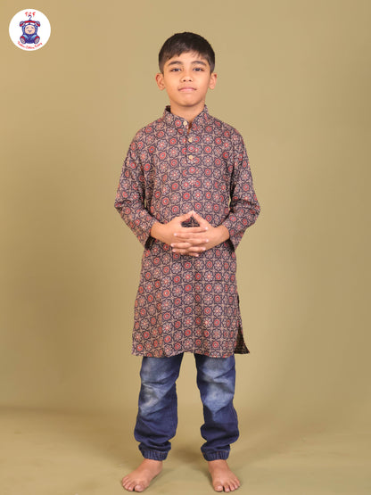 Navy Blue - Boys Printed Long Kurta