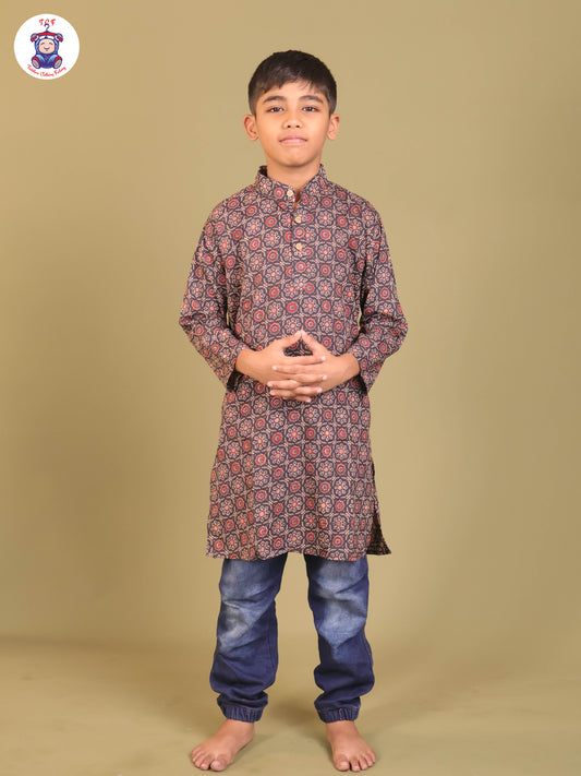 Navy Blue - Boys Printed Long Kurta