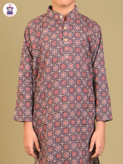 Navy Blue - Boys Printed Long Kurta