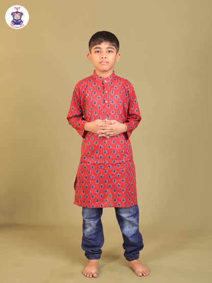 Maroon & Blue - Boys Printed Long Kurta