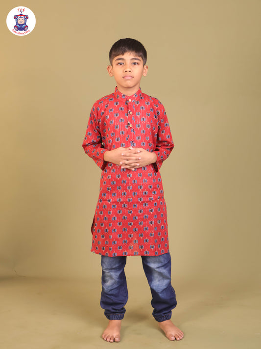 Maroon & Blue - Boys Printed Long Kurta