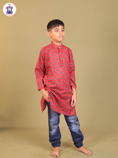Maroon & Blue - Boys Printed Long Kurta
