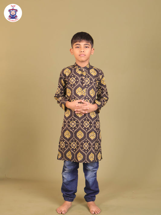 Black & Green - Boys Printed Long Kurta