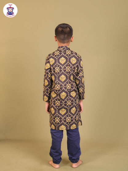 Black & Green - Boys Printed Long Kurta