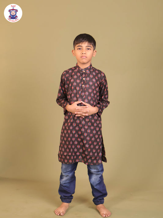 Black & Maroon - Boys Printed Long Kurta