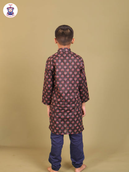 Black & Maroon - Boys Printed Long Kurta