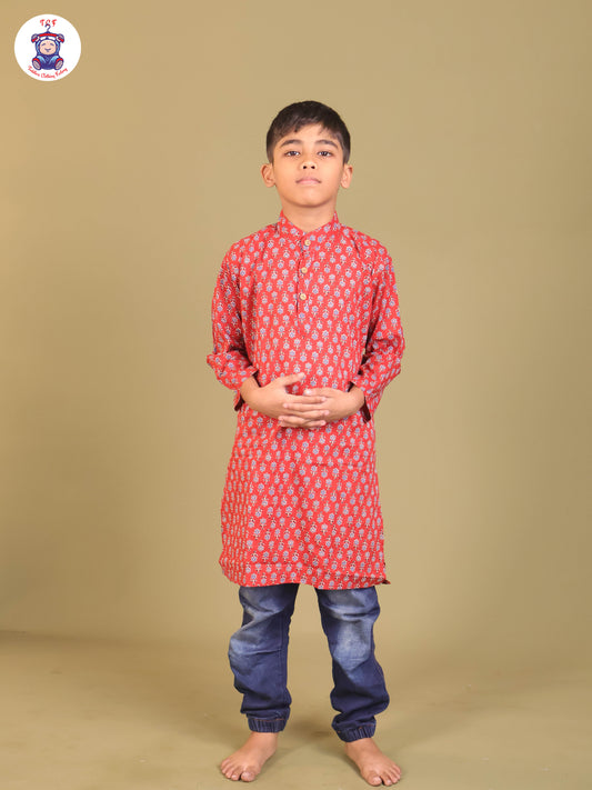 Maroon & Blue -  Boys Printed Long Kurta