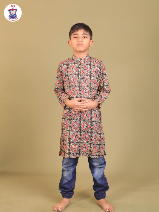 Black & Teal Blue - Boys Printed Long Kurta