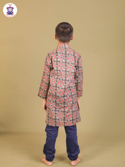 Black & Teal Blue - Boys Printed Long Kurta