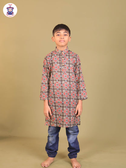 Black & Teal Blue - Boys Printed Long Kurta