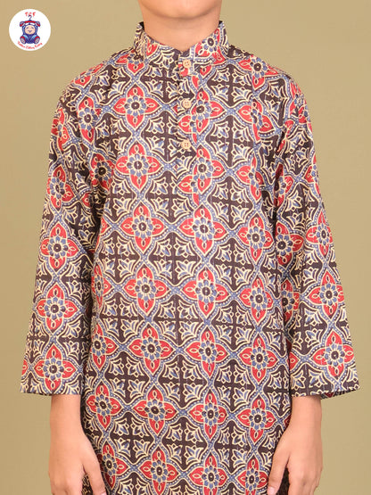 Black & Teal Blue - Boys Printed Long Kurta