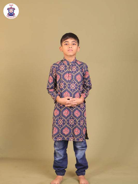 Navy Blue & Pink - Boys Printed Long Kurta