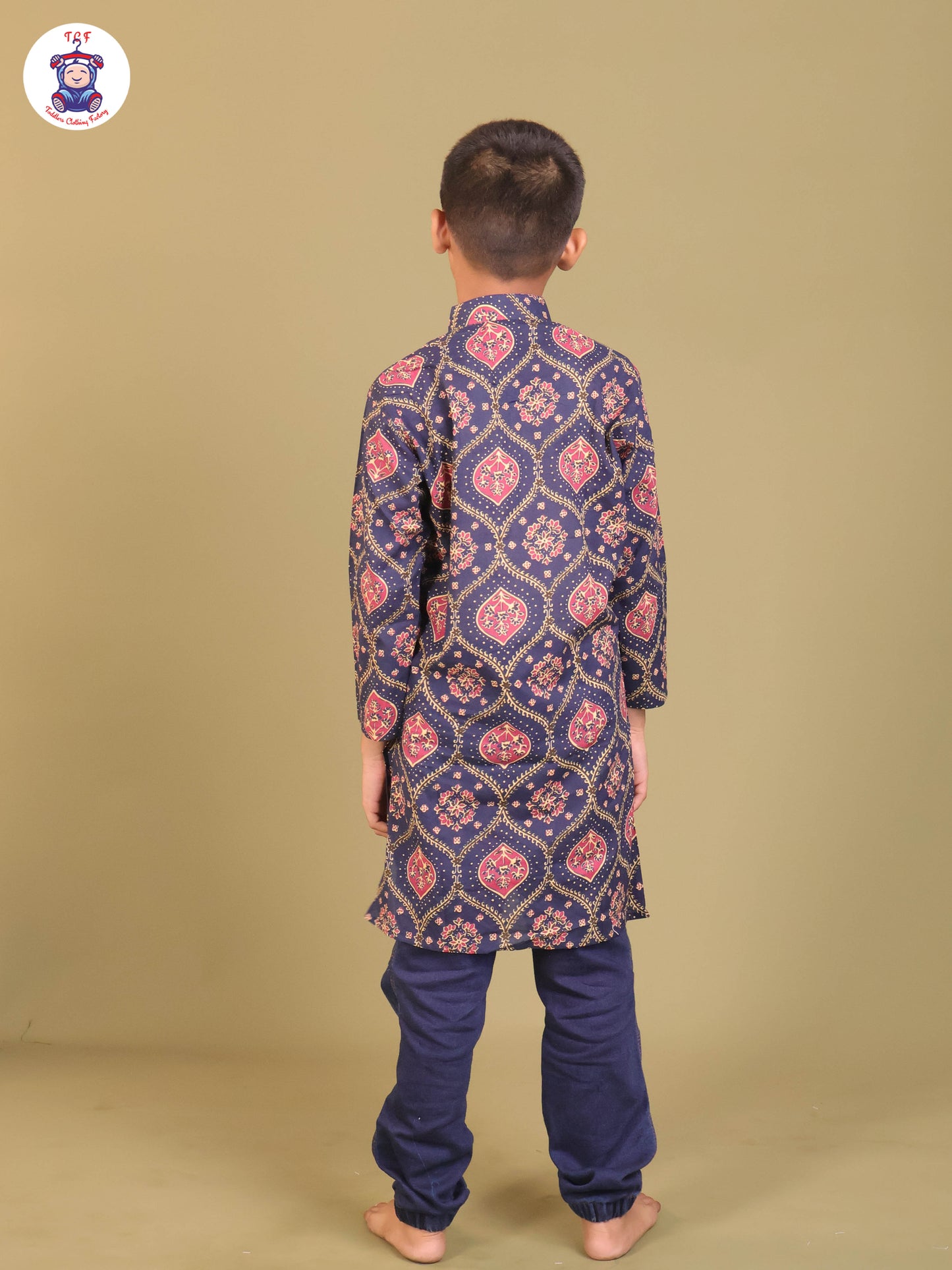 Navy Blue & Pink - Boys Printed Long Kurta