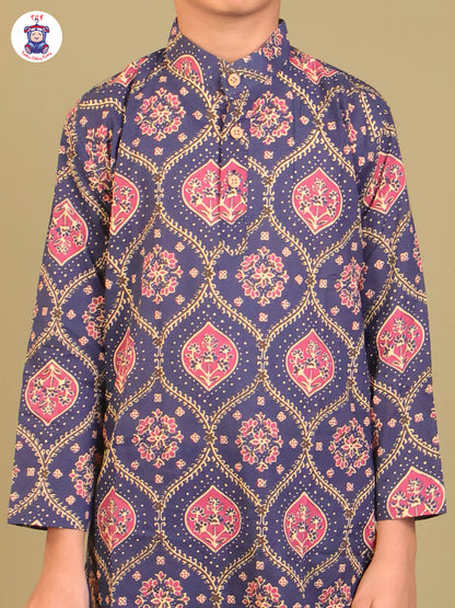 Navy Blue & Pink - Boys Printed Long Kurta