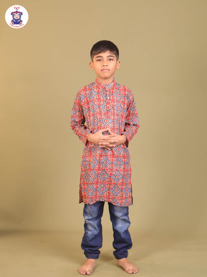 Maroon & Blue - Boys Printed Long Kurta