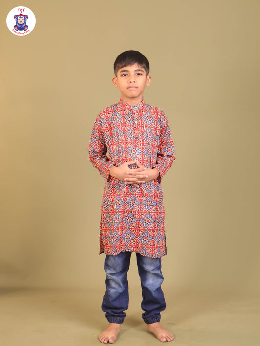 Maroon & Blue - Boys Printed Long Kurta