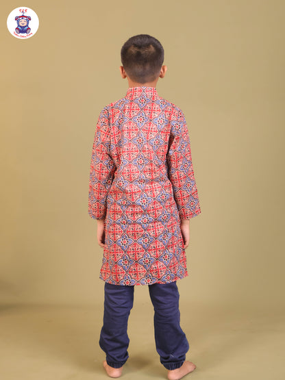 Maroon & Blue - Boys Printed Long Kurta