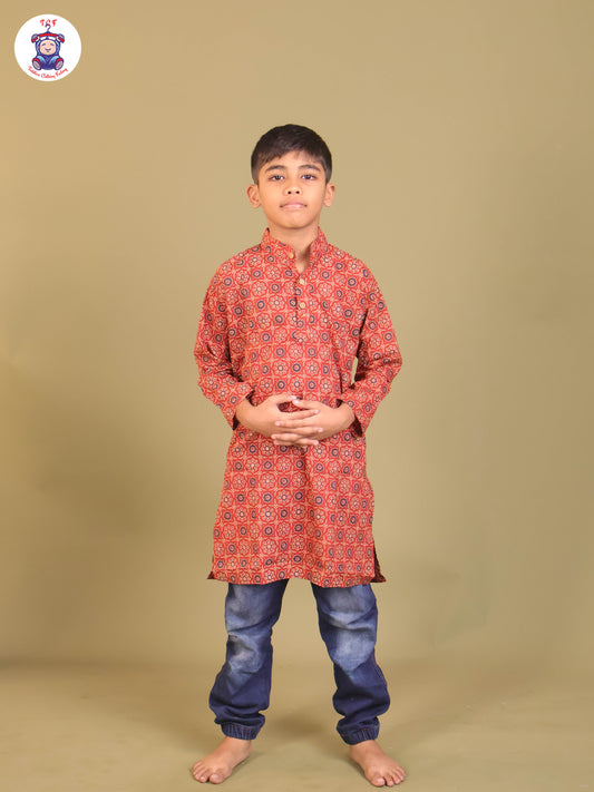 Brown  - Boys Printed Long Kurta