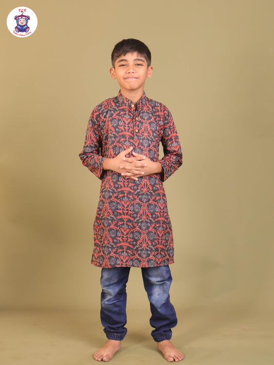 Brown  - Boys Printed Long Kurta
