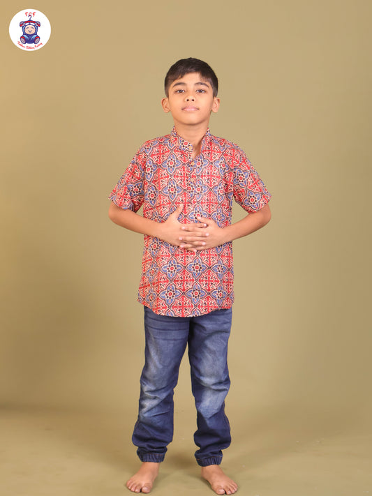 Maroon & Blue - Boys Printed Short Kurta