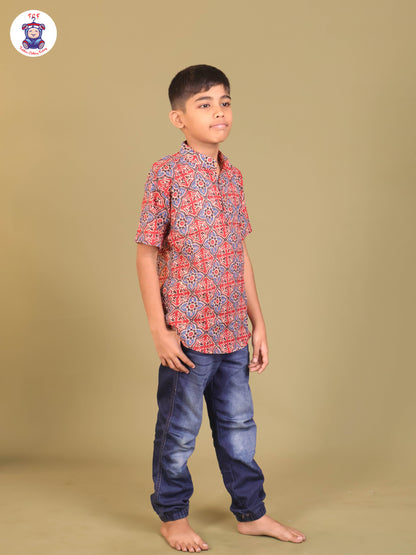 Maroon & Blue - Boys Printed Short Kurta