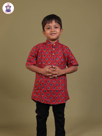 Maroon & Blue - Boys Printed Short Kurta